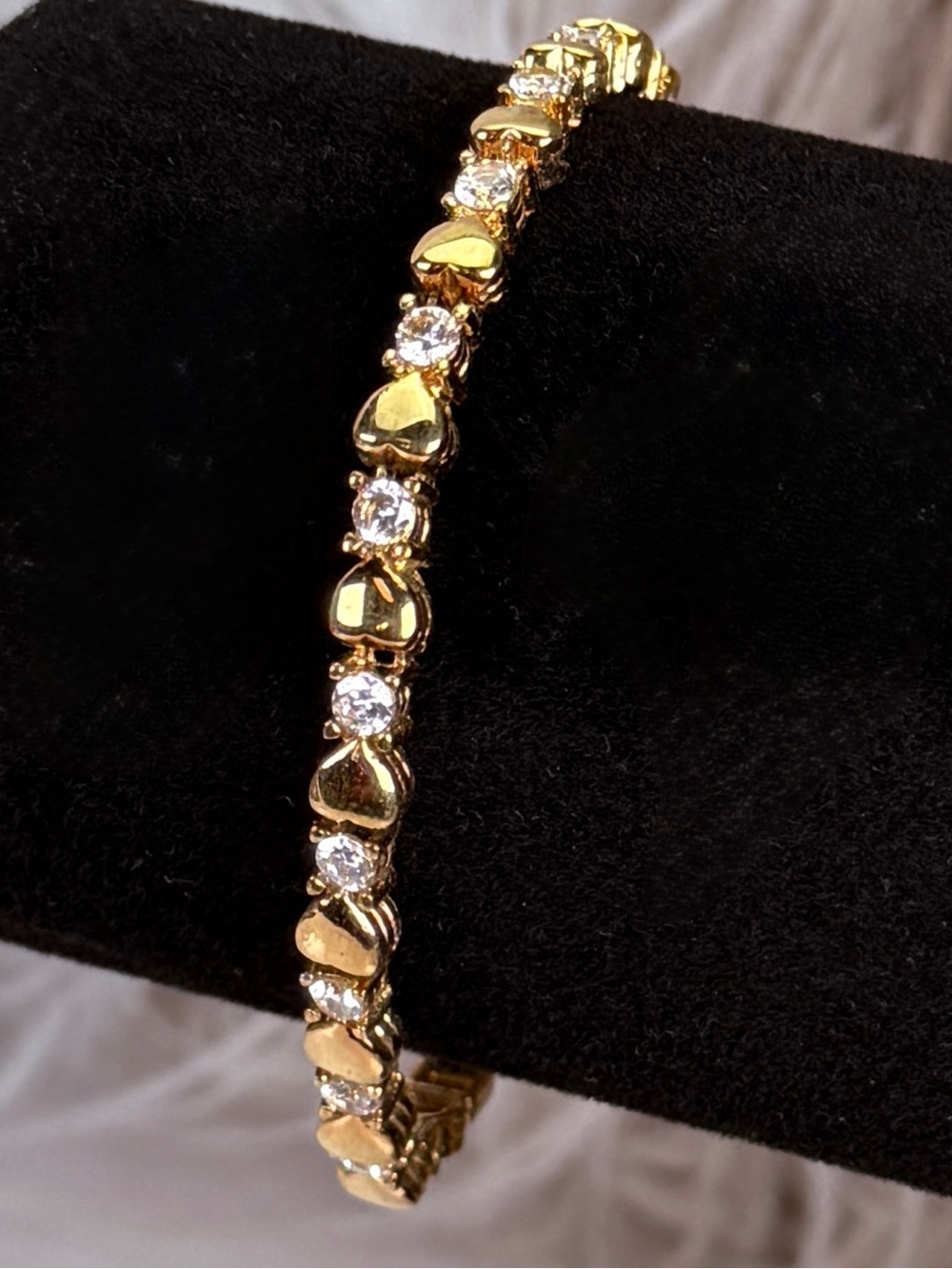 Vintage Gold Tone Heart Link Bracelet Clear Stones Romantic Estate